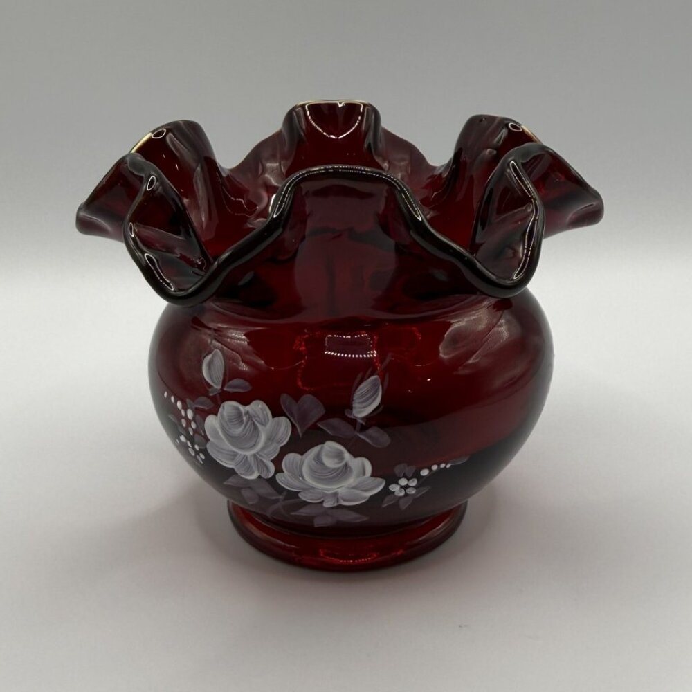 Vintage *Signed Fenton Art Glass Ruby Red Ruffled Rose Bowl Vase
